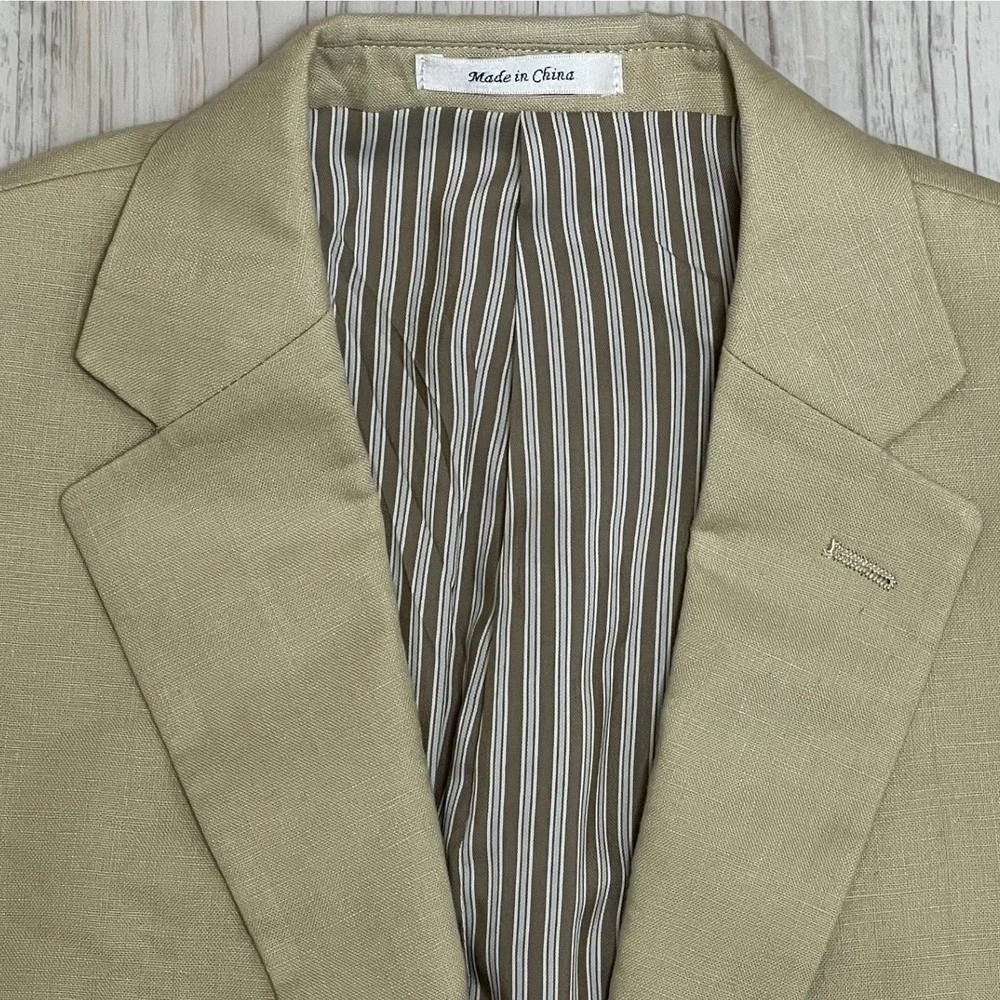 Calvin Klein Mens Linen‎ Beige Blazer Jacket 40L Two Button Striped Lined